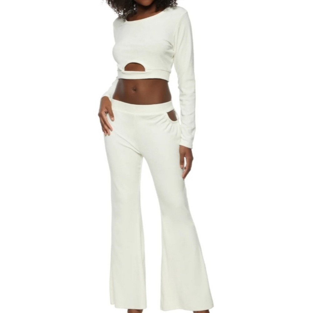 2 Piece Velour Cut Out Crop Top and Flare Pants Ivory